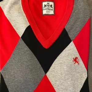 Men Express cotton argyle red sweater v neck slightly used extra large.